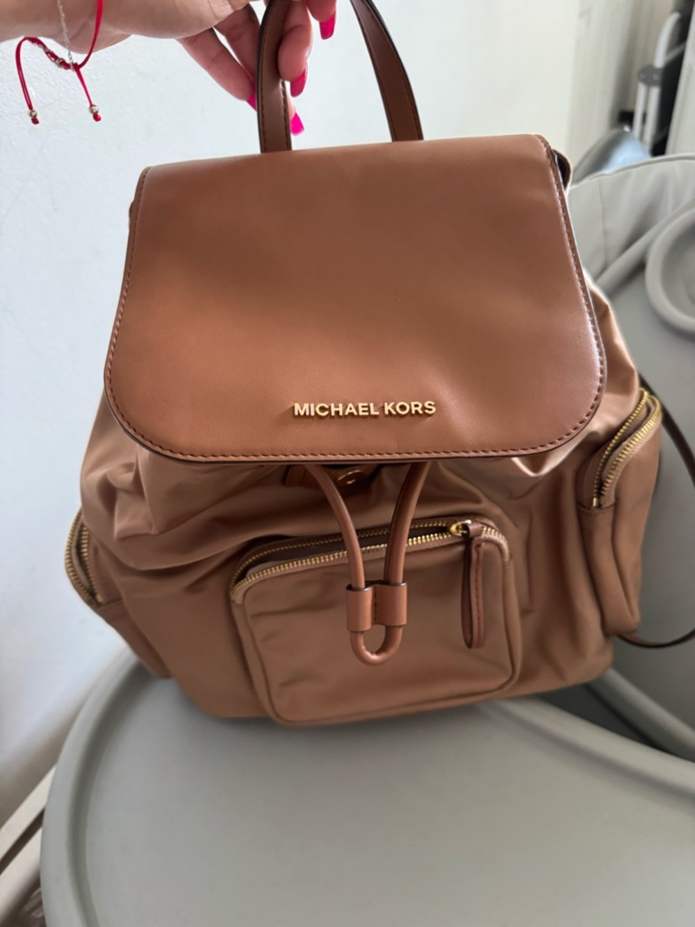 Michael Kors Brown Tan Leather-Trim Backpack